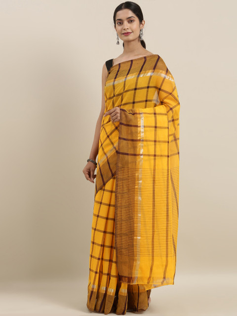 

The Chennai Silks Classicate Mustard Yellow & Black Pure Cotton Checked Saree