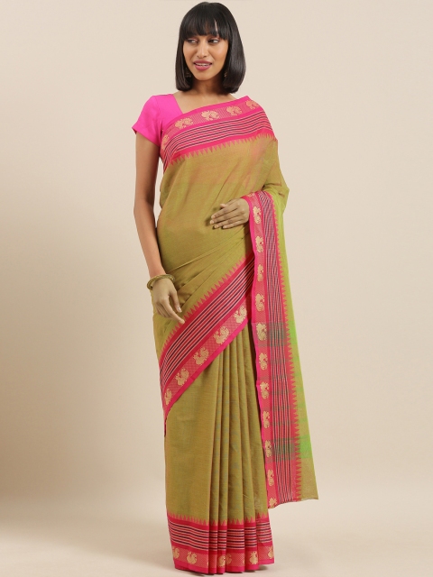 

The Chennai Silks Classicate Olive Green Pure Cotton Solid Chettinad Saree