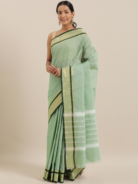 

The Chennai Silks Green & Gold-Toned Pure Cotton Woven Design Chettinad Saree