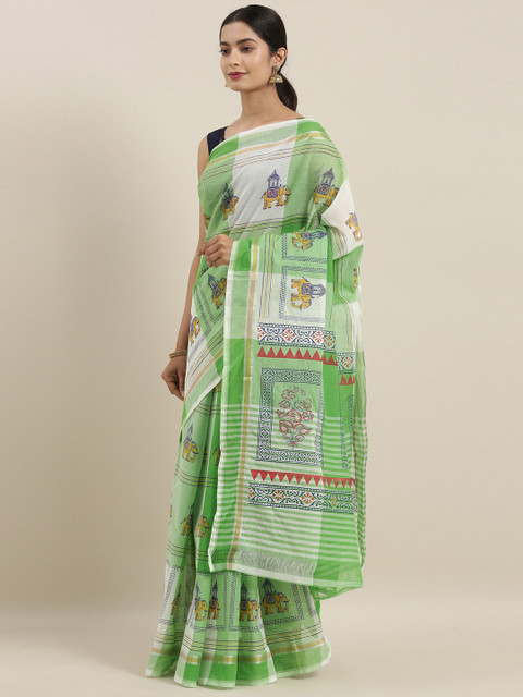 

The Chennai Silks Classicate Green & White Pure Cotton Printed Saree