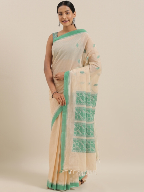 

The Chennai Silks Beige & Sea Green Pure Cotton Woven Design Kovai Saree