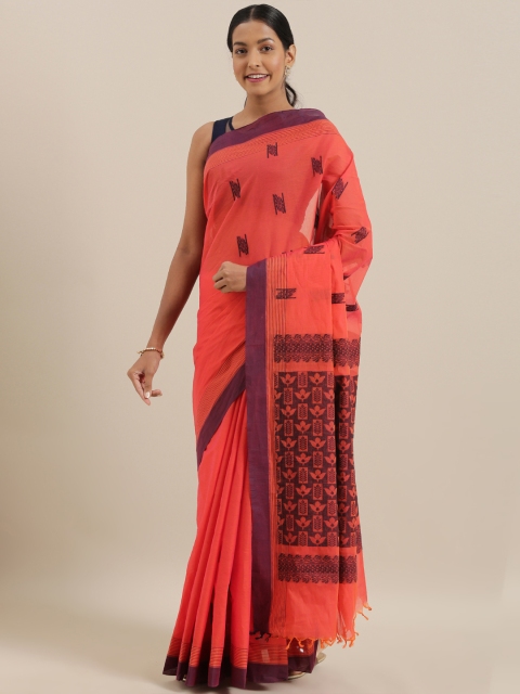 

The Chennai Silks Classicate Coral Orange & Brown Pure Cotton Woven Design Kovai Saree