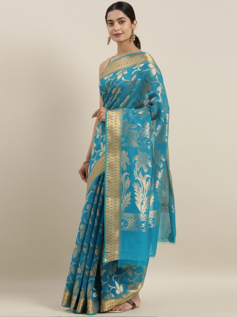 

The Chennai Silks Blue & Gold-Toned Silk Cotton Woven Design Maheshwari Saree