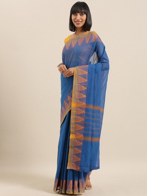 

The Chennai Silks Classicate Blue & Mustard Yellow Pure Cotton Solid Chettinad Saree