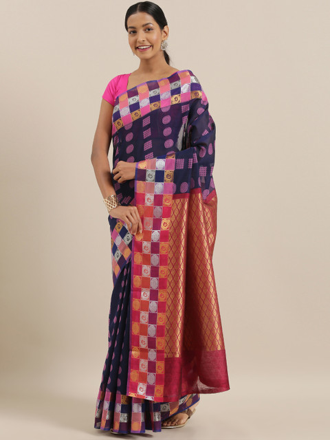 

The Chennai Silks Classicate Navy Blue & Pink Silk Cotton Woven Design Maheshwari Saree