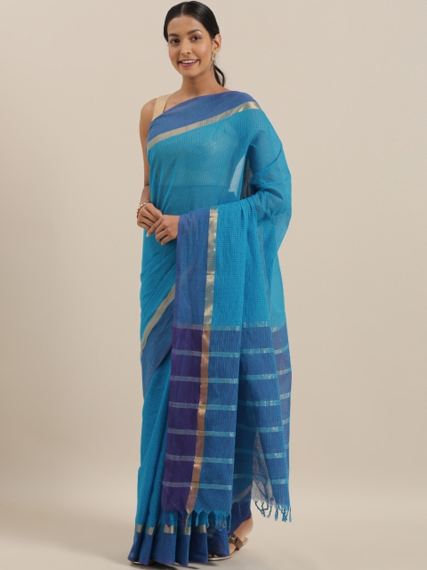 

The Chennai Silks Blue & Gold-Toned Pure Cotton Checked Saree