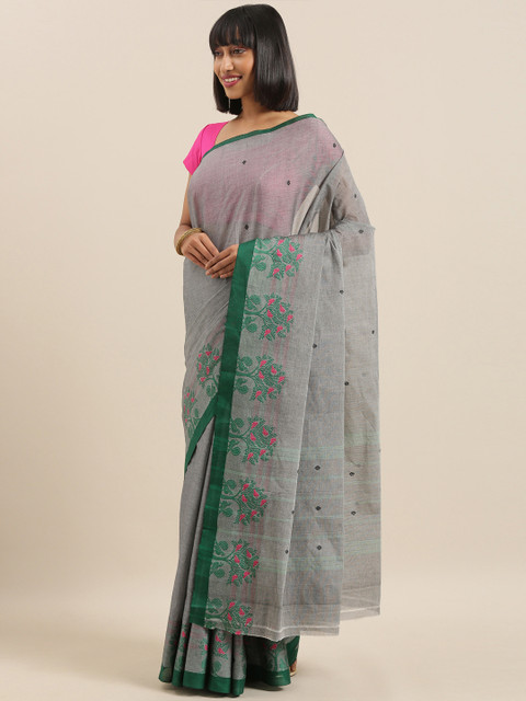 

The Chennai Silks Classicate Grey & Green Pure Cotton Woven Design Chettinad Saree