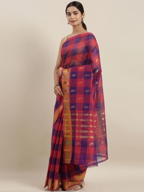 

The Chennai Silks Classicate Red & Navy Blue Pure Cotton Checked Venkatgiri Saree