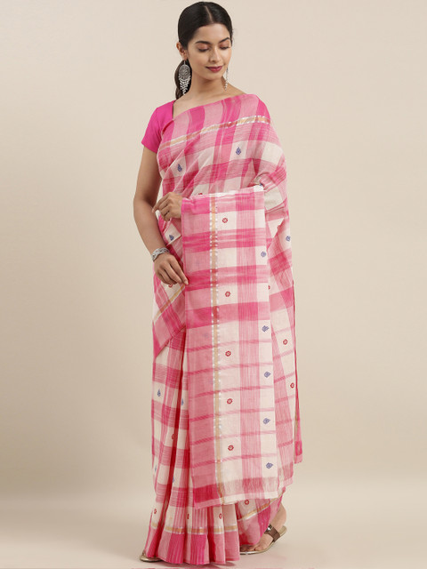 

The Chennai Silks Pink & White Pure Cotton Checked Saree