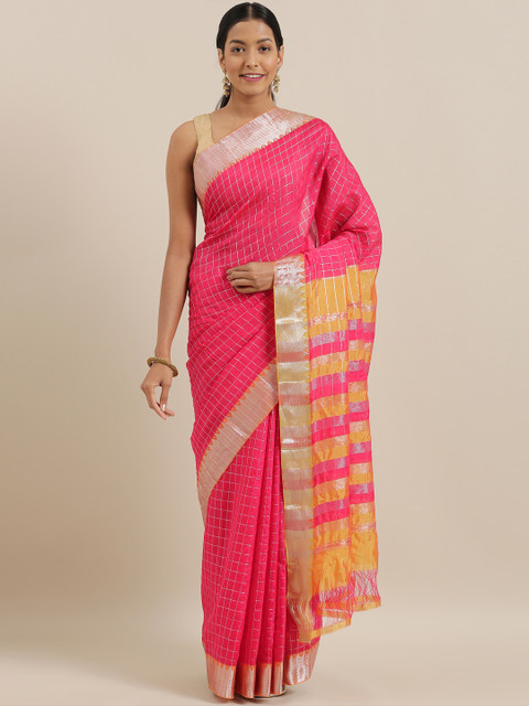 

The Chennai Silks Pink Silk Cotton Checked Maheshwari Saree