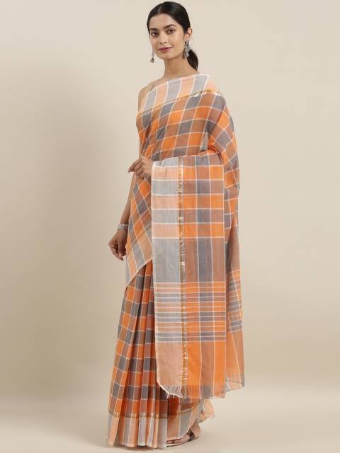 

The Chennai Silks Classicate Orange & Grey Pure Cotton Checked Saree