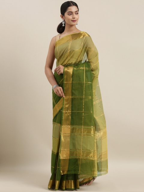

The Chennai Silks Classicate Green & Golden Pure Cotton Checked Venkatgiri Saree