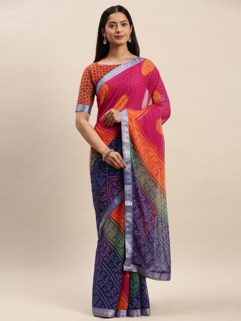 

Satrani Multicoloured Pure Chiffon Printed Bandhani Saree, Multi