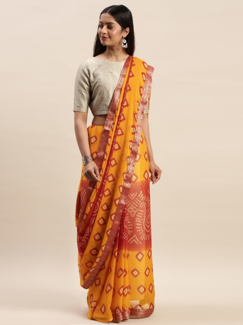 

Satrani Yellow & Red Pure Chiffon Printed Bandhani Saree