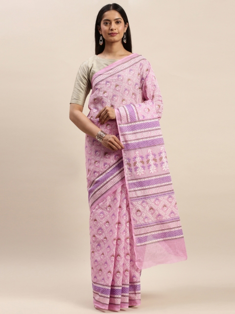 

Satrani Pink & White Pure Cotton Printed Saree