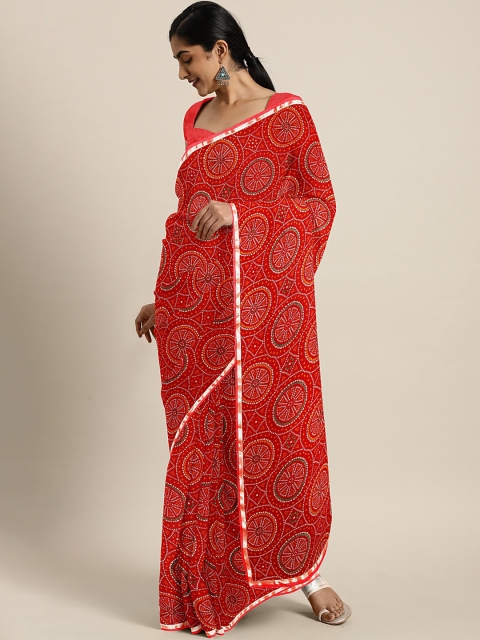 

KALINI Red & Off-White Pure Chiffon Bandhani Printed Saree