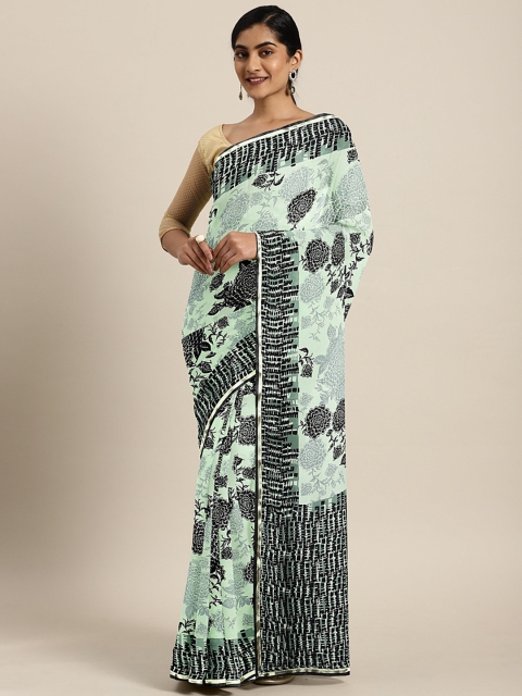 

KALINI Sea Green & Black Pure Georgette Floral Printed Saree