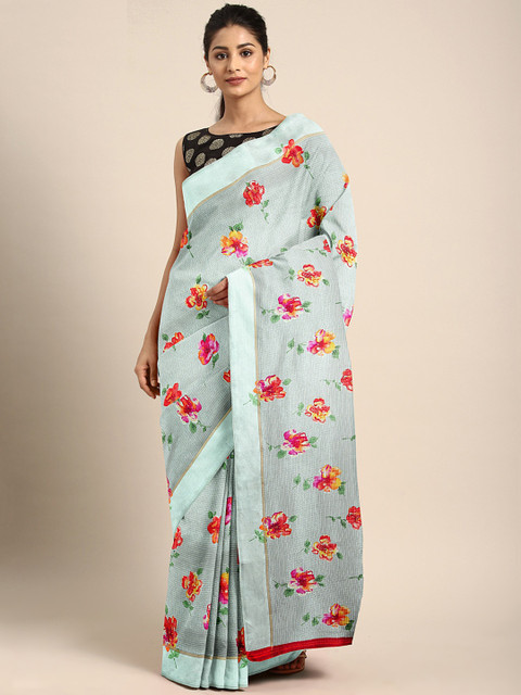 

KALINI Green & Red Floral Printed Taant Saree