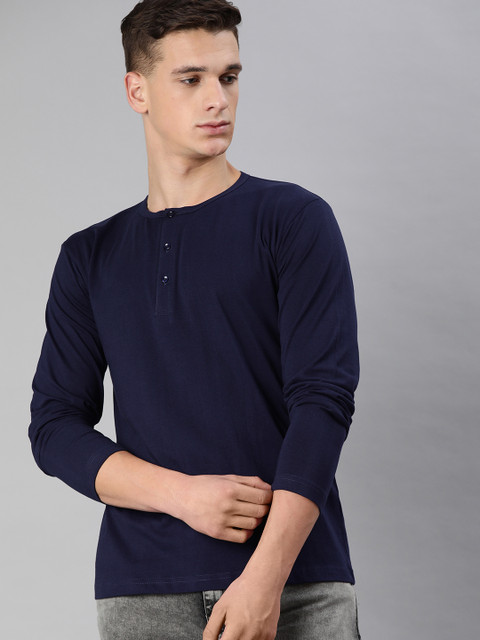 

BE AWARA Men Navy Blue Solid Henley Neck Pure Cotton T-shirt