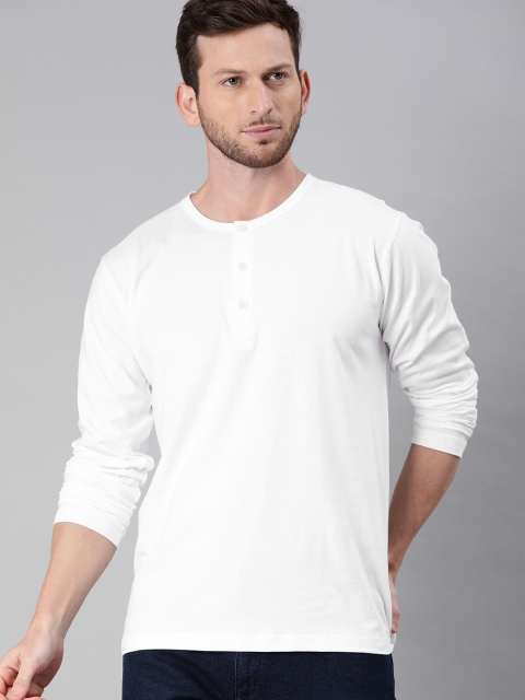 

BE AWARA Men White Pure Cotton Solid Henley Neck Pure Cotton T-shirt