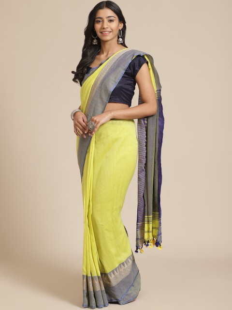 

FIROZA Lime Green Solid Handloom Saree