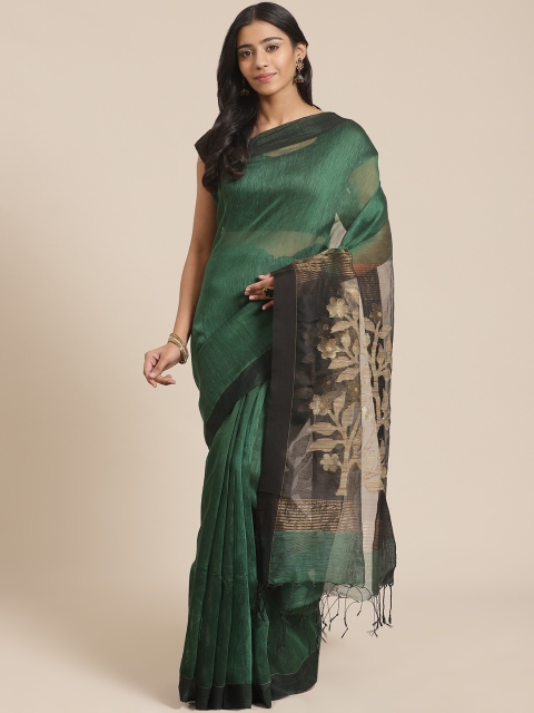 

FIROZA Green Solid Handloom Jamdani Saree