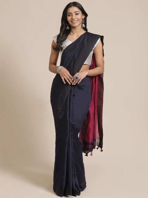 

FIROZA Navy Blue Solid Handloom Saree