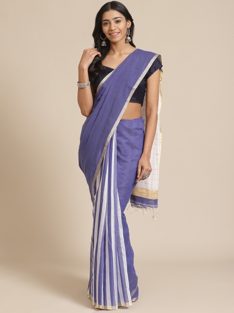 

FIROZA Blue & Off-White Striped Handloom Saree