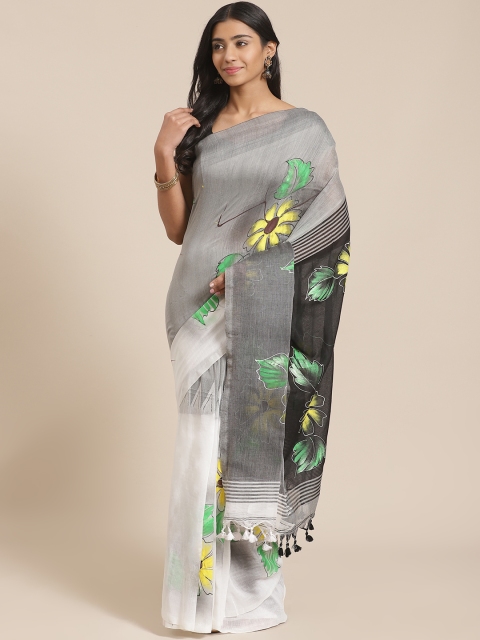 

FIROZA White & Grey Floral Print Handloom Saree