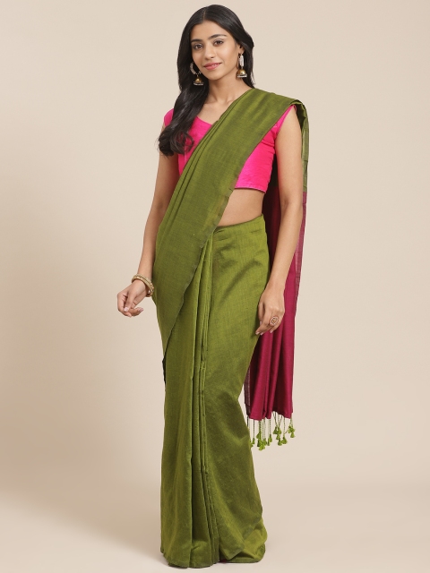 

FIROZA Olive Green & Pink Solid Handloom Saree