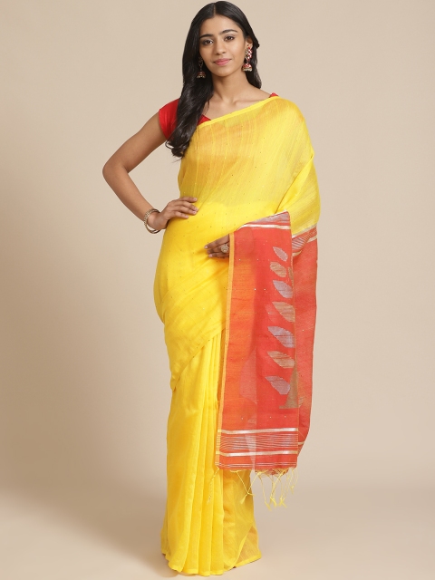 

FIROZA Yellow Solid Handloom Saree