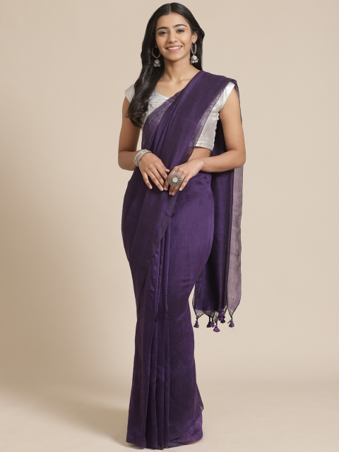 

FIROZA Aubergine Solid Handloom Saree, Purple