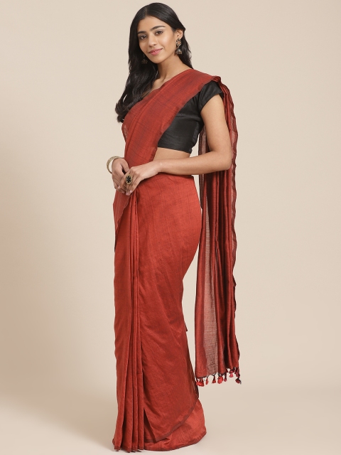 

FIROZA Rust Red Solid Handloom Saree