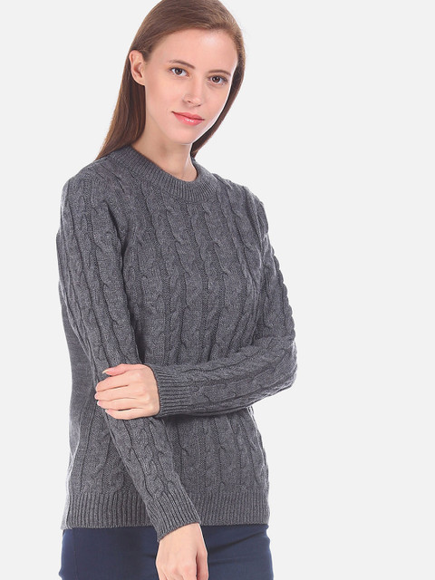 

Sugr Women Charcoal Grey Self-Design Acrylic Pullover Sweater