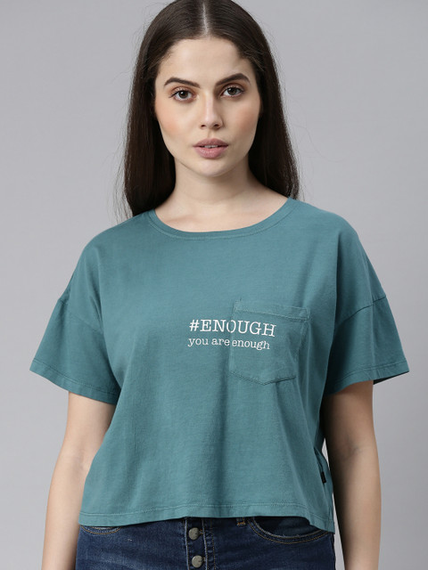 

Roadster Women Green Printed Detail Pure Cotton Drop-Shoulder Sleeves Crop Boxy T-shirt