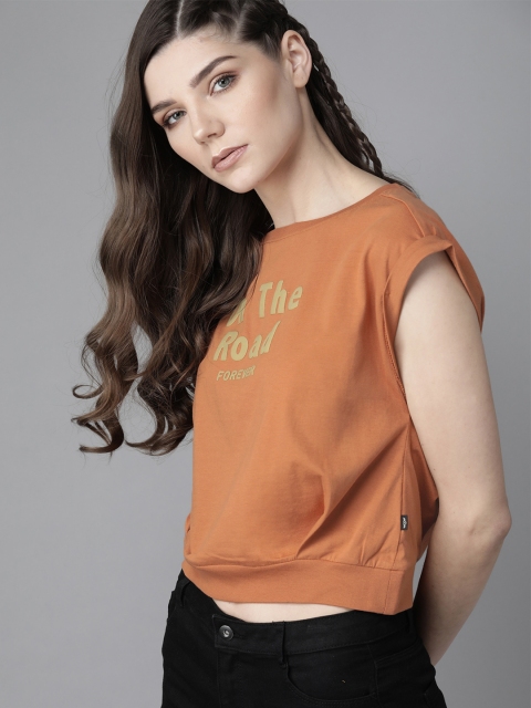 

Roadster Women Orange Slogan Print Cotton Round Neck T-shirt