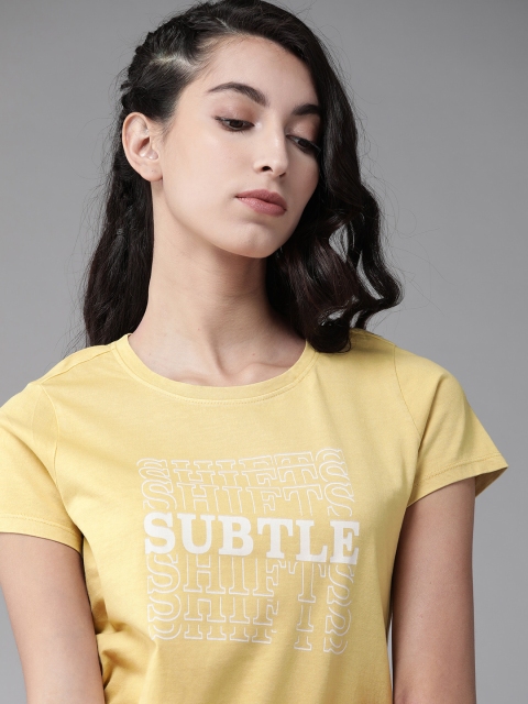 

Roadster Women Yellow & White Printed Pure Cotton Round Neck T-shirt