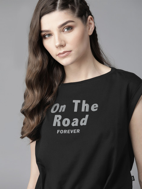 

Roadster Women Black & Grey Slogan Print Cotton Round Neck T-shirt