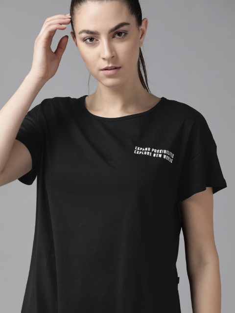 

Roadster Women Black Pure Cotton Solid Round Neck Longline T-shirt