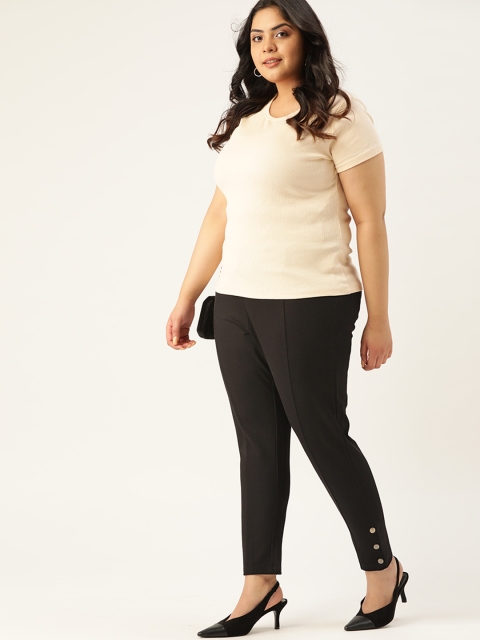

Sztori Women Plus Size Black Button Detail Solid Treggings
