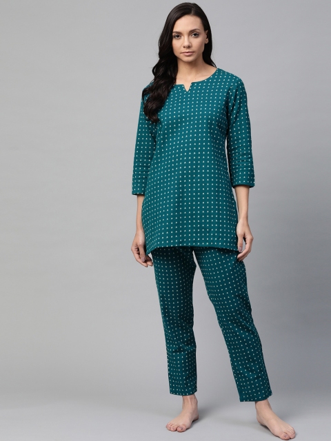 

Vasudha Women Sea Green & Off-White Printed Night Suit