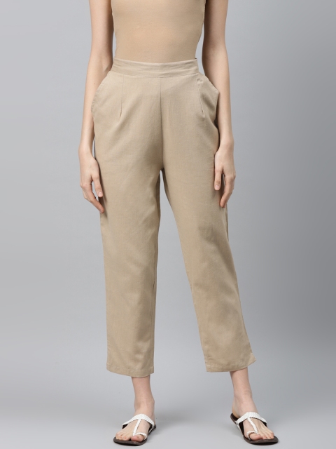 

Vasudha Women Beige Slim Fit Solid Cropped Cigarette Trousers