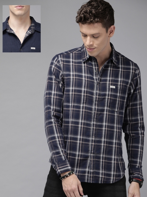 

Roadster Men Navy Blue & White Regular Fit Checked Pure Cotton Reversible Casual Shirt