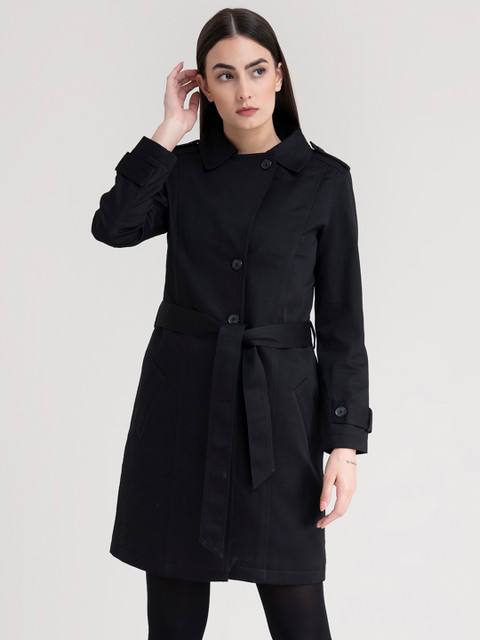 

FableStreet Women Black Solid Trench Coat