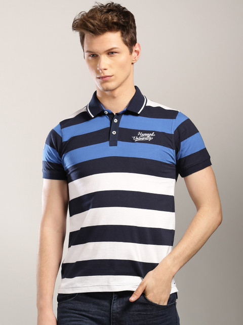 

Harvard Men Navy & White Striped Polo T-shirt, Navy blue
