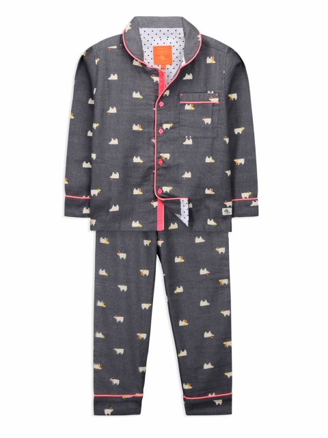

Cherry Crumble Boys Grey & White Printed Night Suit