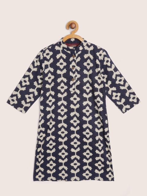 

Sangria Girls Navy Blue & Off-White Ethnic Print Pure Cotton Straight Kurta