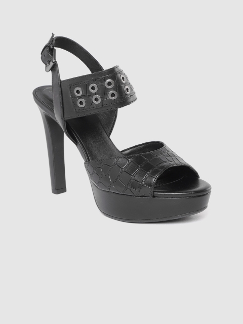 

Geox Women Black Leather Croc Textured Platform Heels