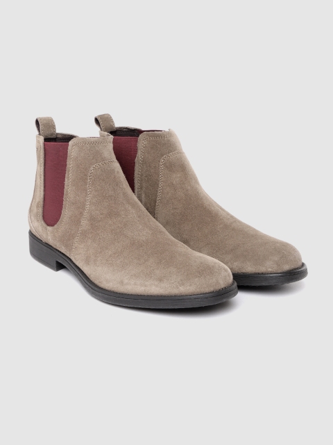

Geox Men Taupe Solid Leather Mid-Top Leather Flat Chelsea Boots