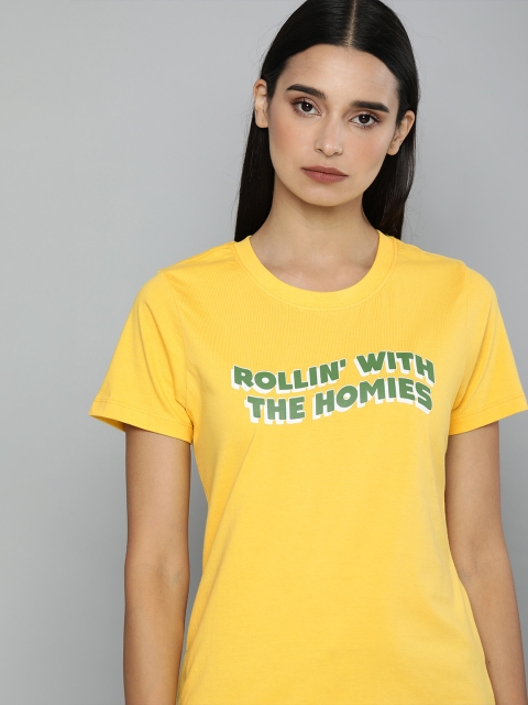 

Kook N Keech Women Yellow Printed Round Neck Pure Cotton T-shirt